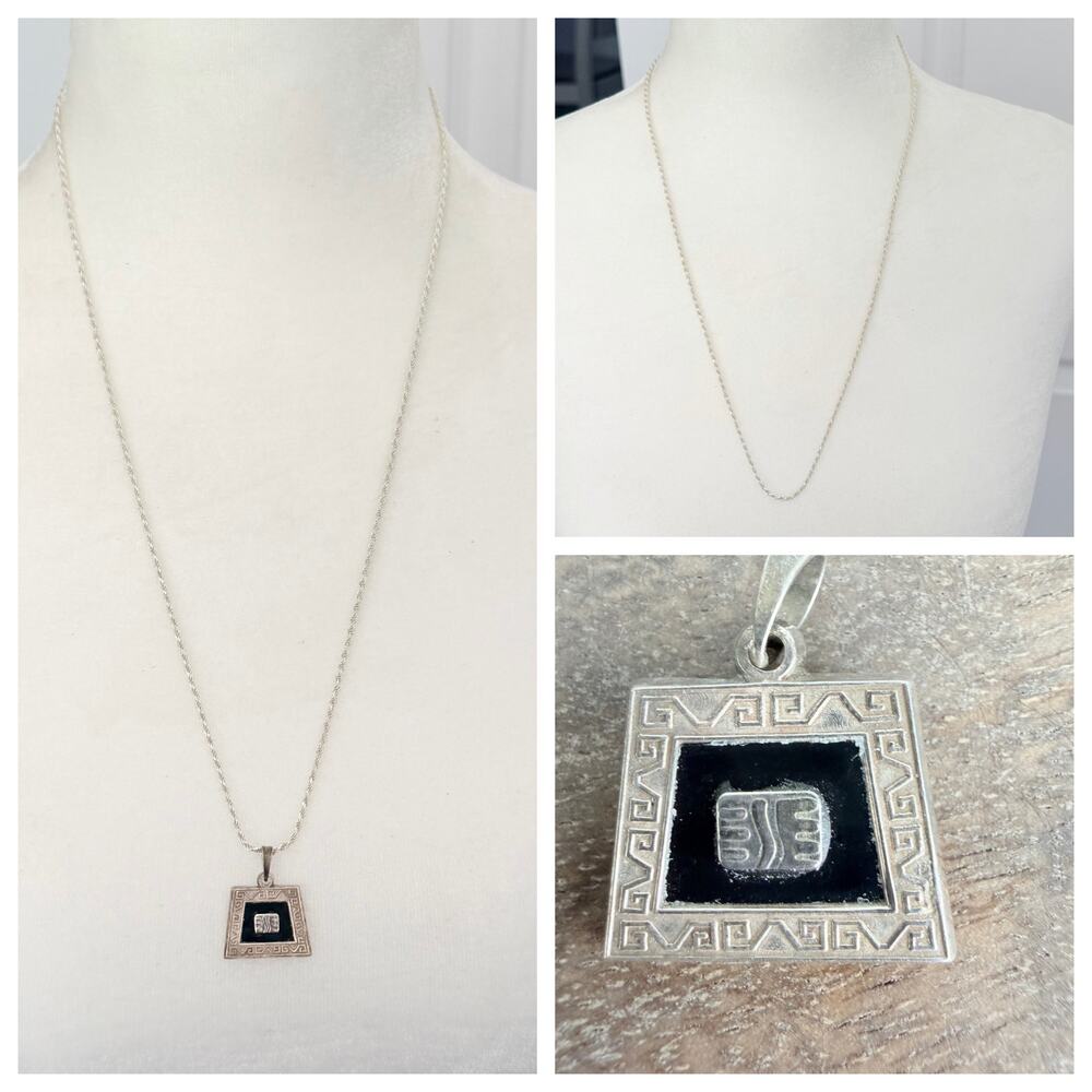 925 Sterling Silver Art Deco Black Lapis Pendant Necklace ~24" Two Way Chain